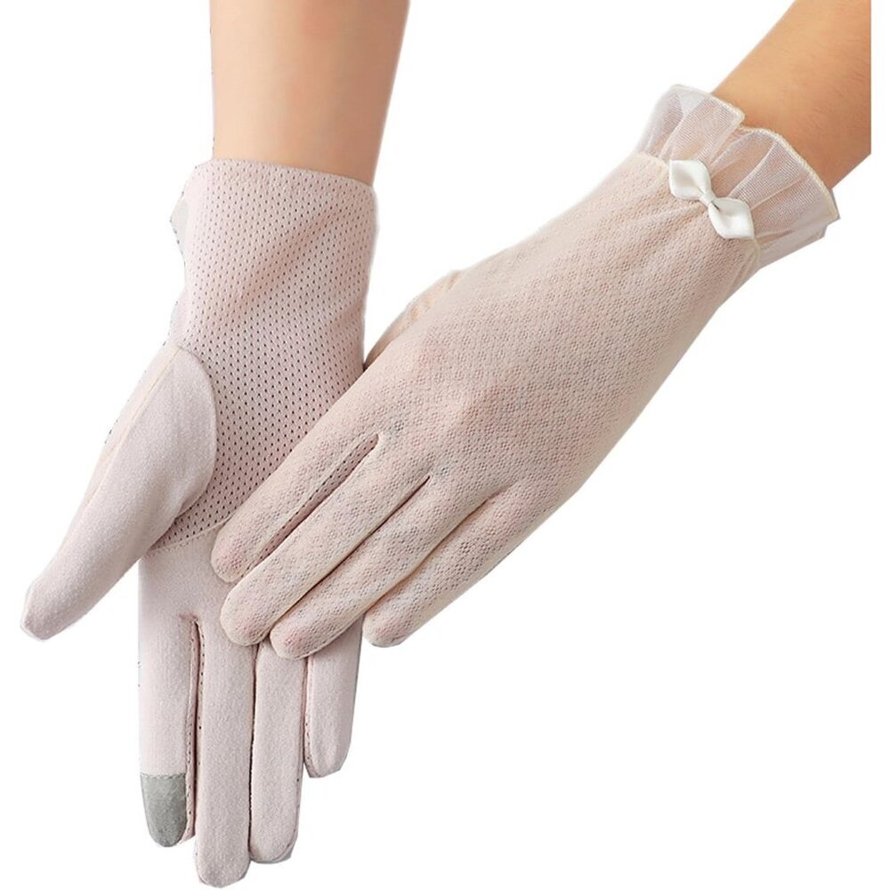 Women's Stylish Bow Short Lace Beige Gloves Fabric Design Summer Protection
